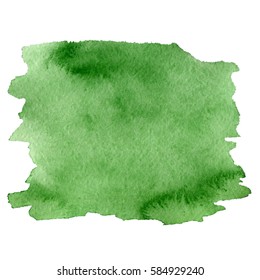 Green Watercolor Texture Isolated On White Background. Banner Shaped Hand Painted Swash With Visible Elements Of Paper Grain.