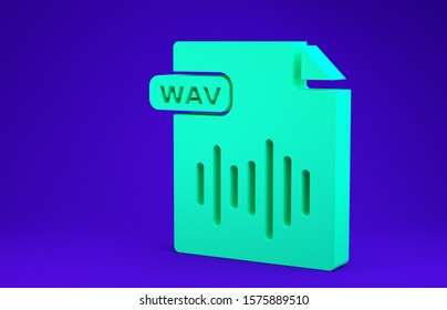 Green WAV file document. Download wav button icon isolated on blue background. WAV waveform audio file format for digital audio riff files. Minimalism concept. 3d illustration 3D render
