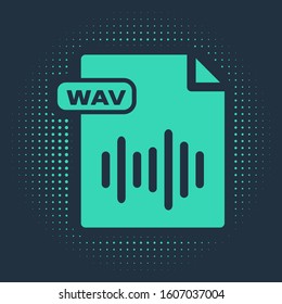 Green WAV file document. Download wav button icon isolated on blue background. WAV waveform audio file format for digital audio riff files. Abstract circle random dots. 