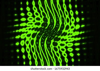 Green wavy lines pattern. Bright shining objects on dark background. Abstract illustration with blurred glowing lines. Background with glowing flares