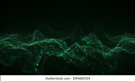 Green Wavy Shape Of Glowing Dots. Neural Network Or Artificial Intelligence Concept. Abstract 3D Render With Depth Of Field
