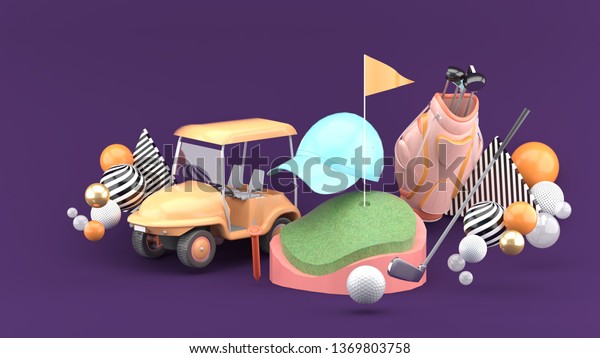 Green way surrounded by golf carts, caps,\
golf balls, golf clubs and golf bags among colorful balls on a\
purple background.-3d\
rendering.\
