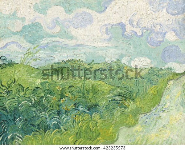 Green Wheat Fields, Auvers, by Vincent van Gogh, 1890, Dutch Post-Impressionist landscape painting, oil on canvas. Painted in the last months of his life, Van Gogh's painted with broad calligraphic strokes. 