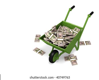 Green Wheelbarrow with Money on White Background. Clipping path