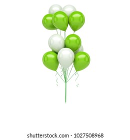 Green And White Baloons With Gold Ribbons Isolated On White Background. 3D Illustration Of Celebration, Party Baloons