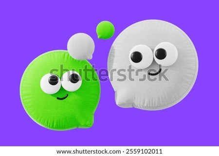 Green and white plush-style bubble characters with expressive large eyes and smiles, set against a vibrant purple background. Concept of fun. 3D Rendering.