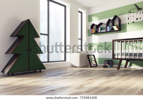 Green White Striped Nursery Corner Wooden Stock Illustration 735881608