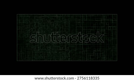 A green wireframe maze pattern composed of grid lines on a black background forming an intricate network
