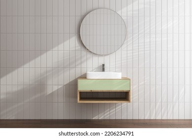 Green Wooden Bathroom Furniture Hanging On Tiles Wall, Front View, Parquet Floor, Sunlight. 3d Rendering