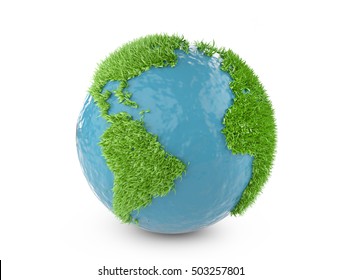 Green world concept with continents covered grass. Isolated on white background 3d illustration.