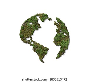 Green World Map- 3D illustration tree or forest shape of world map isolated on white background. World Map Green Planet Earth Day or Environment day Concept. Green Earth concept.