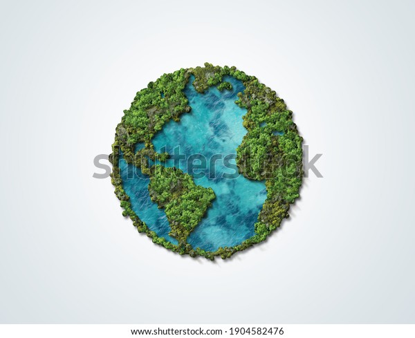 Green World Map- 3D tree or forest shape of\
world map isolated on white background. World Map Green Planet\
Earth Day or Environment day Concept. Green earth with electric\
car. Paris agreement\
concept.