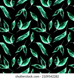 Green X Ray Leaves On Black Background Seamless Pattern. Neon Emerald Foliage Repeat Print. Fluorescent Botanical Ornament.