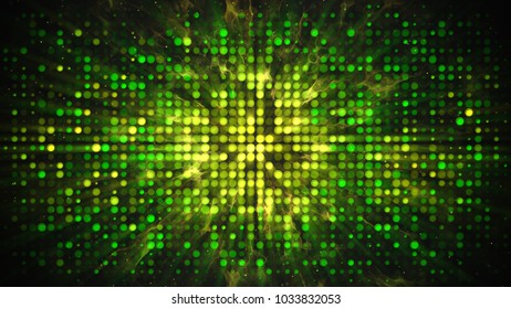 Green Yellow Disco Wall With Flashing Lights And Smoke. Computer Generated Absrtact Background
