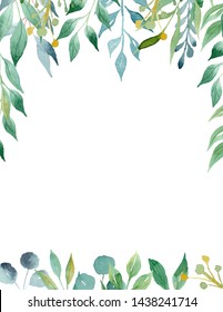 Green and yellow leaves aquarell hand drawn raster frame template. Tree branches top and bottom border with text space. Greenery poster decoration. Olive plant greeting card isolated design element