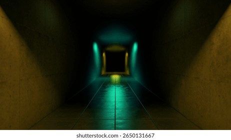 Green and yellow lights glowing in a dark corridor with concrete walls create a mysterious and intriguing atmosphere, evoking feelings of suspense and curiosity in an eerie setting