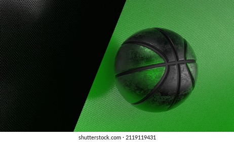 Green-black Basketball on the green-black metallic wall under slit light. 3D illustration. 3D high quality rendering.
