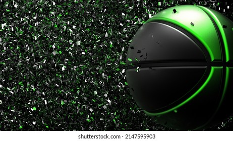 Green-black Basketball with Rotation Particles under spot lighting background. 3D illustration. 3D high quality rendering. 