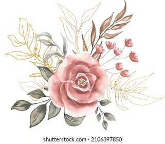 Greenery, golden florals and red peony bouquet illustration, Watercolor Eucalyptus clip art, Gray Foliage clipart, Green leaves, Florals wedding invites, Logo design
