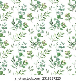 Greenery seamless pattern, plants background. Watercolor leaves.