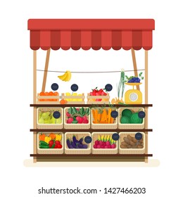 Greengrocer's shop with awning, marketplace or counter with fruits, vegetables and price tags. Place for selling food products on local farmers' market. Flat cartoon colorful illustration. - Powered by Shutterstock