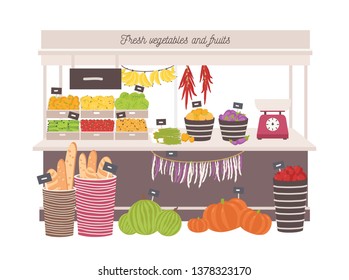 Greengrocery shop with awning or marketplace with fresh fruits, vegetables, scales and price tags. Place for selling organic food products on local farmers market. Flat cartoon illustration - Powered by Shutterstock