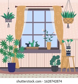 Greenhouse With Plants On Shelves Raster, Room Interior Filled With Flora In Pots. Window With Curtains, Bright Space For Flowers, Orangery Conservatory