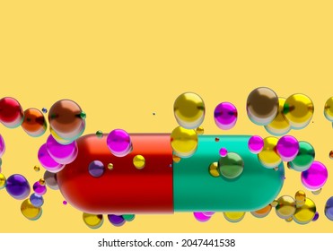 Green-red Pill Close-up. Tablet Capsule On Yellow Background. Concept - Capsule In Human Body. Capsules Symbolize Dietary Supplements. Metaphor For Taking Probiotics. Probiotic Tablets. 3d Image