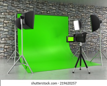 Greenscreen Studio Setup With Lights And Lightbox.