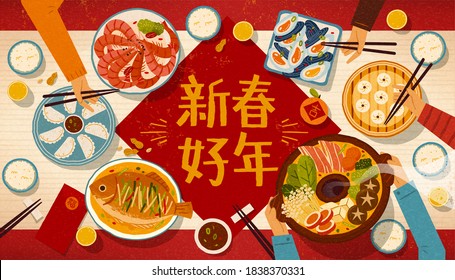 Greeting Banner For Reunion Dinner, Top View Of Asian Family Enjoying Tasty Traditional Dishes, Translation: Happy Chinese New Year