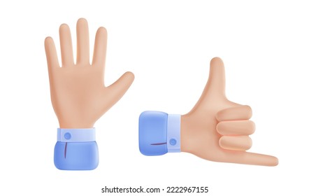 Greeting and bye hand gesture, call me sign. Icons of surf greeting gesture and waving hand with raised open palm, 3d  illustration isolated on white background