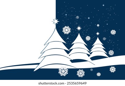 Greeting card or banner Christmas and New Year. Minimalist style. New Year's fir trees, snow, snowflakes, Jesus star on a white and blue background - Powered by Shutterstock