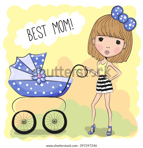 Greeting card Best mom\
with baby\
carriage\
