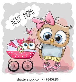 Greeting Card Best Mom With Cute Cartoon Owls And Baby Carriage