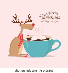 Greeting card  Christmas Reindeer and cup coffee
