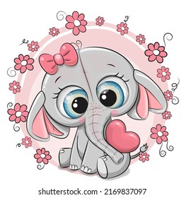 Greeting card Cute cartoon Elephant girl with heart and flowers