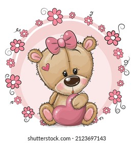 Greeting card Cute cartoon Teddy Bear girl and heart   flowers