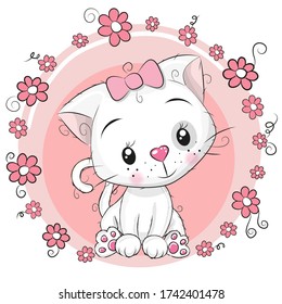 Greeting card Cute Cartoon white Kitten with flowers on a pink background