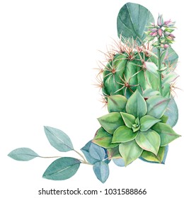 Greeting Card, Eucalyptus Leaves, Succulent Echeveria, Cactus, Watercolor, Hand Drawing