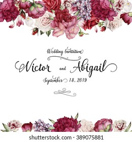 Greeting card with flowers, watercolor, can be used as invitation card for wedding, birthday and other holiday and  summer background. 
