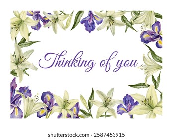 Greeting card with frame white lily and blue iris and lettering Thinking of you.  Beautiful border with watercolor flowers, template for  print.  - Powered by Shutterstock - Get 15% off with code: PIKWIZARD15