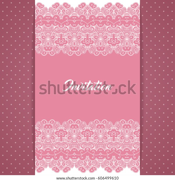 Greeting card or\
invitation template in retro style with lace border and polka dot\
background.\
Illustration.