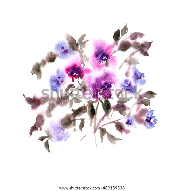 Grusskarte Mit Lila Blumen Blumenstrauss In Stockillustration