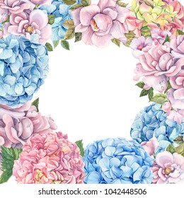 greeting card with place for text, bouquet of beautiful flowers, hydrangea and roses, watercolor flora illustration