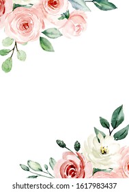 Greeting card template with watercolor flowers blush pink roses, floral frame, illustration hand painted. Isolated on white background. 