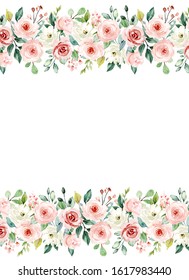 Greeting Card Template With Watercolor Flowers Blush Pink Roses, Floral Frame, Illustration Hand Painted. Isolated On White Background. 