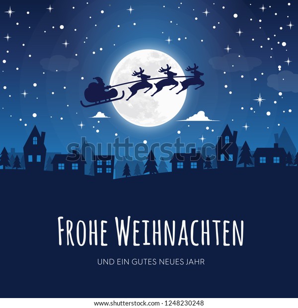 ドイツ語で メリークリスマス という言葉を持つグリーティングカード 冬の夜景の町 月 サンタクロースとのトナカイチーム 雪降り のイラスト素材