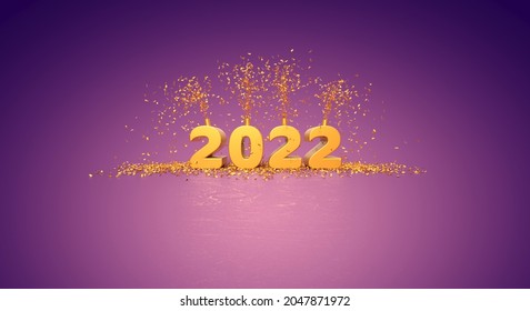 Greeting card for the year 2022 with golden number and party favors on purple background - 3D Rendering - Powered by Shutterstock