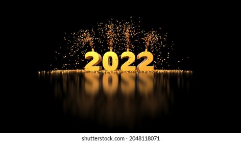 Greeting card for the year 2022 with golden number and party favors on black background - 3D rendering