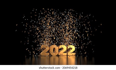 Grußkarte für das Jahr 2022 mit goldener Zahl und Gruppenfavoriten auf schwarzem Hintergrund - 3D-Darstellung